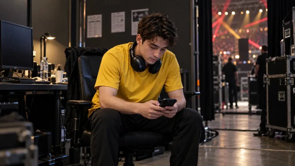 Backstage player checks phone before match