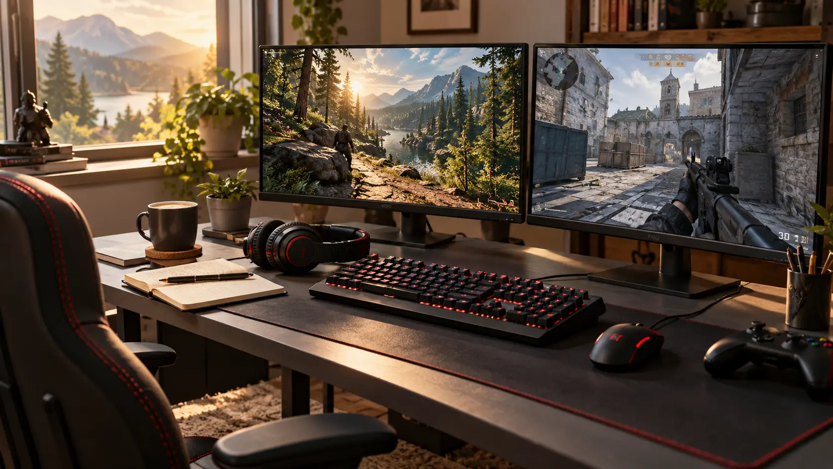 Gaming desk with dual monitors, mechanical keyboard, wired mouse, headphones and controller.