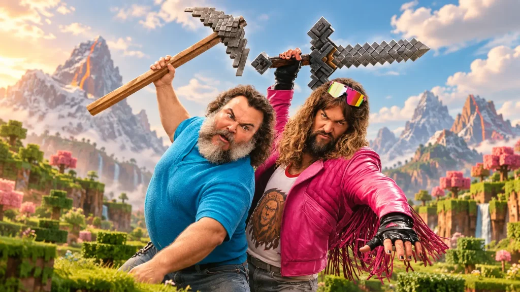 Minecraft movie duo in a pixelated landscape