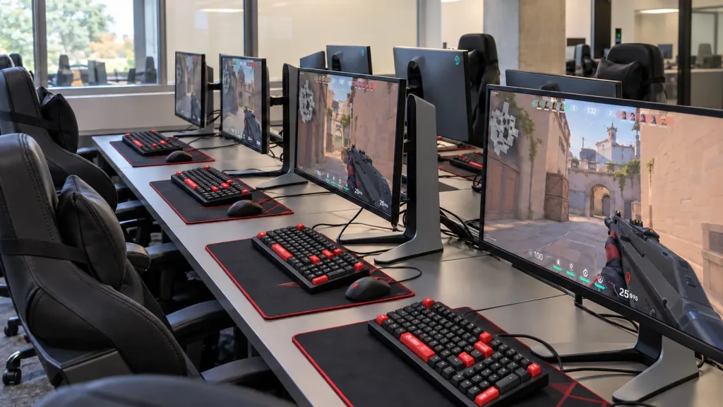 e sport university gaming room with pc and monitors